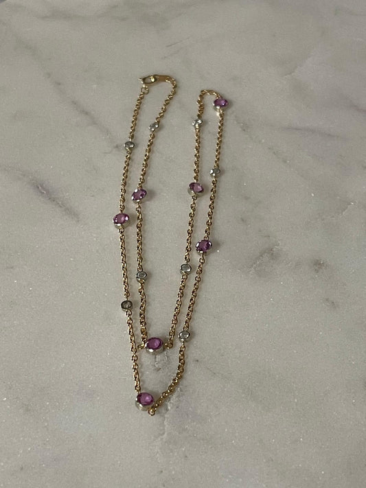 Pink Sapphire and Diamond 18K Gold Chain Necklace