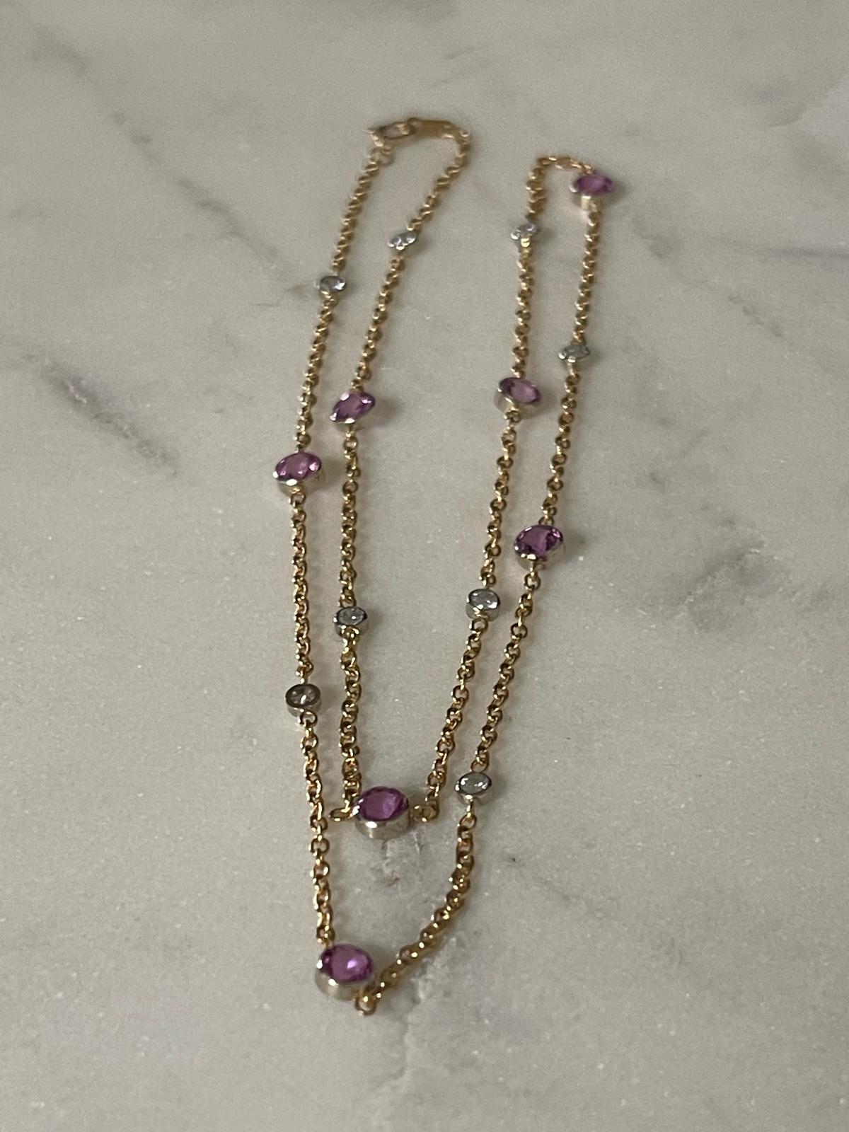 Pink Sapphire and Diamond 18K Gold Chain Necklace