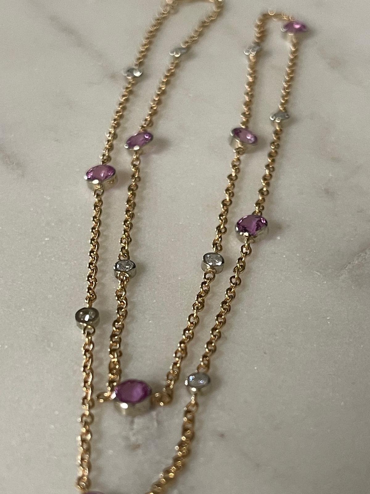 Pink Sapphire and Diamond 18K Gold Chain Necklace